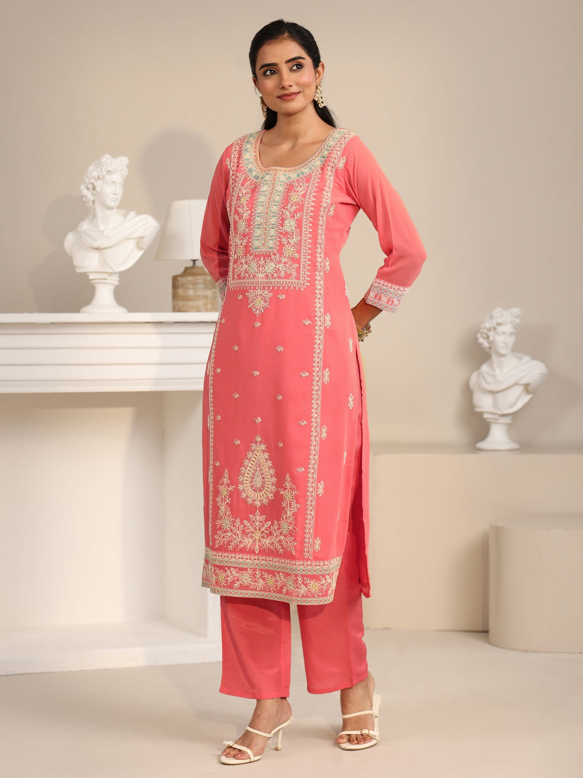 Anouk Coral Floral Embroidered Georgette Straight Suit Set
