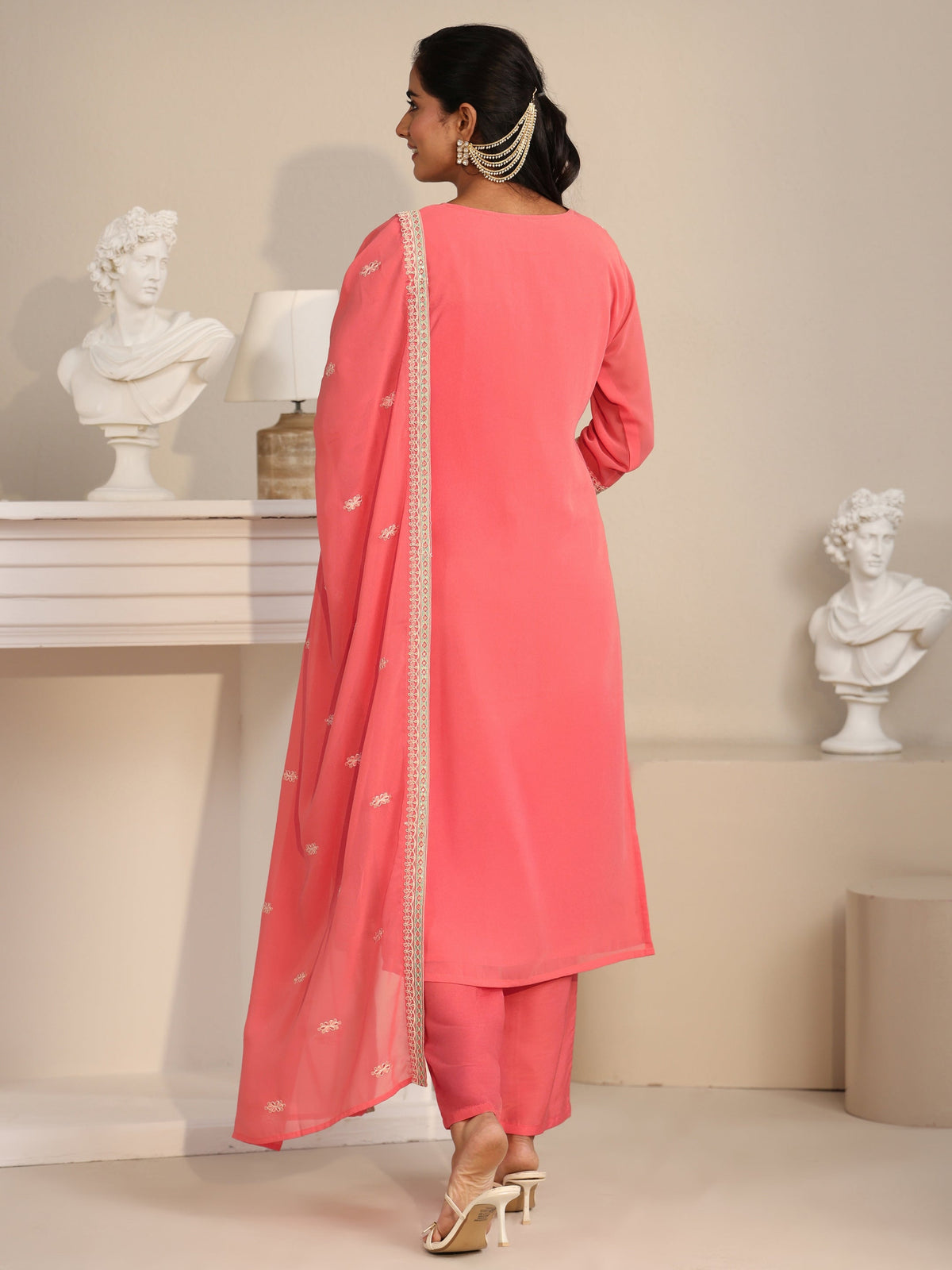 Anouk Coral Floral Embroidered Georgette Straight Suit Set