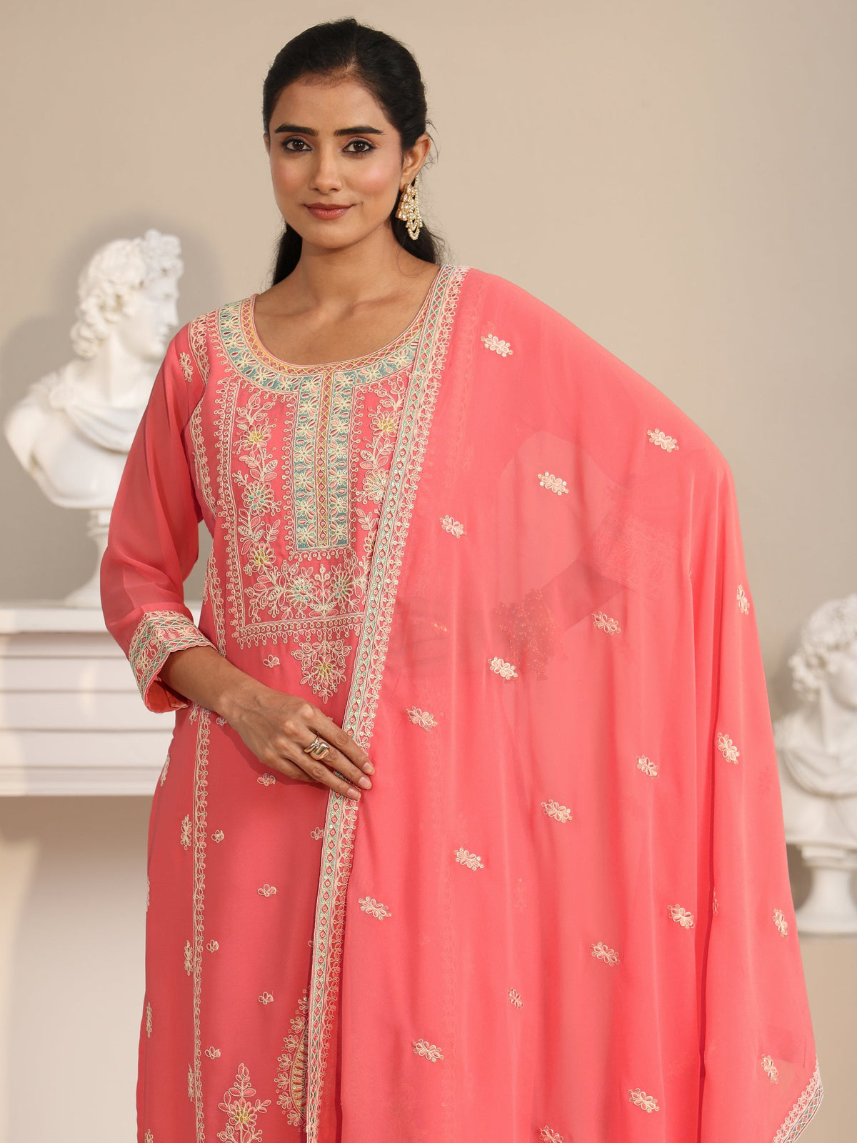 Anouk Coral Floral Embroidered Georgette Straight Suit Set