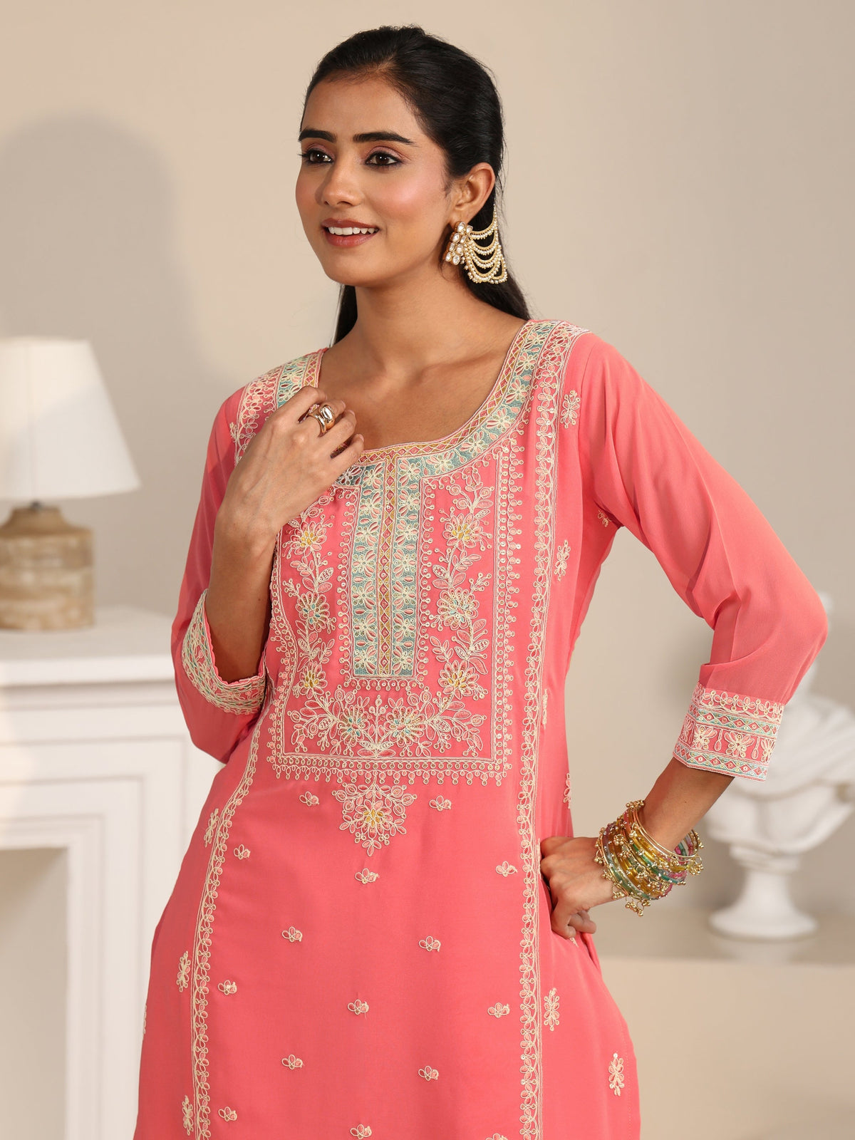 Anouk Coral Floral Embroidered Georgette Straight Suit Set