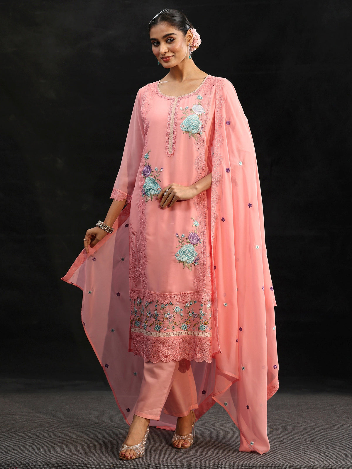 Anouk Baby Pink Floral Embroidered Georgette Straight Suit Set