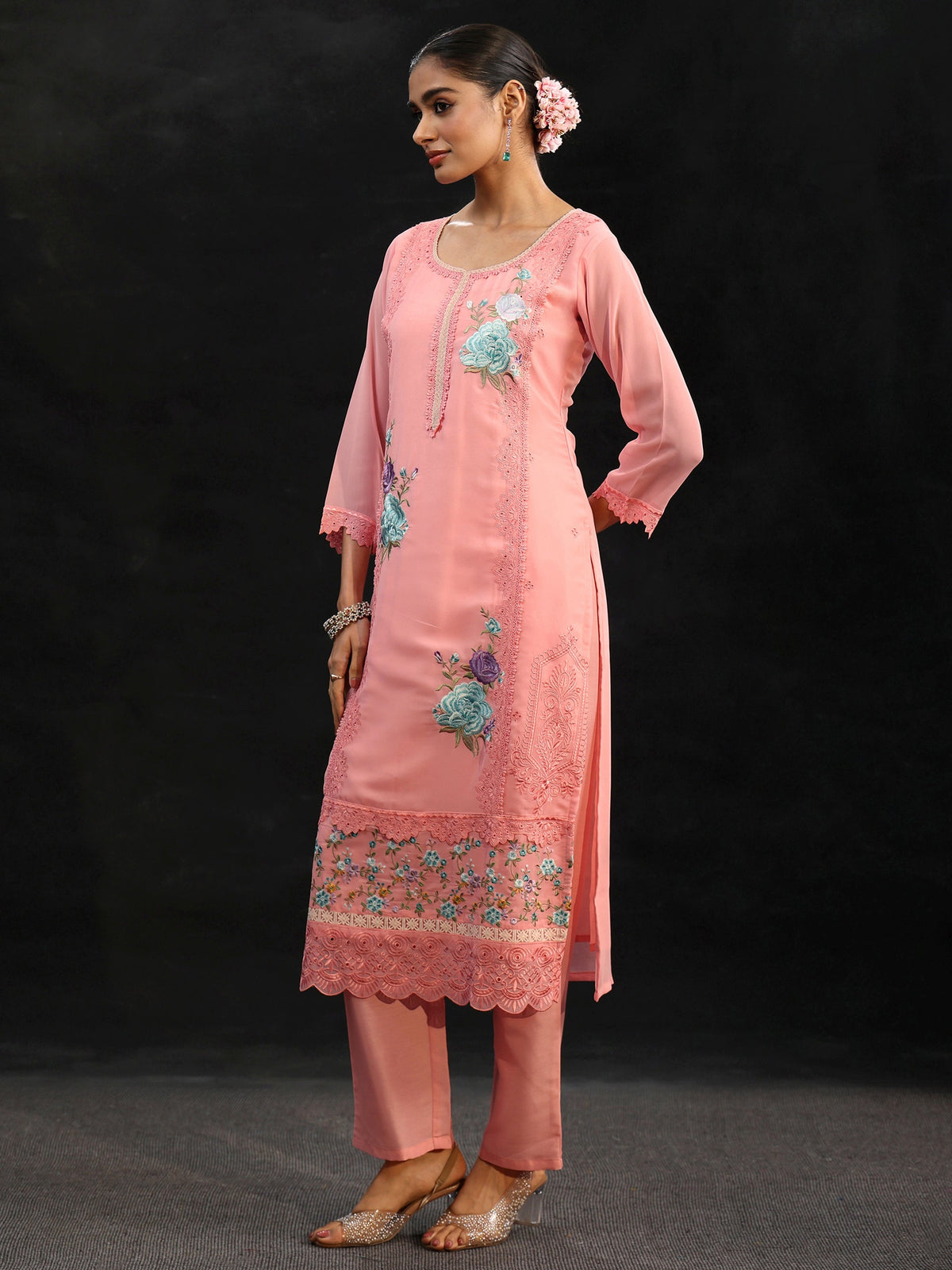 Anouk Baby Pink Floral Embroidered Georgette Straight Suit Set