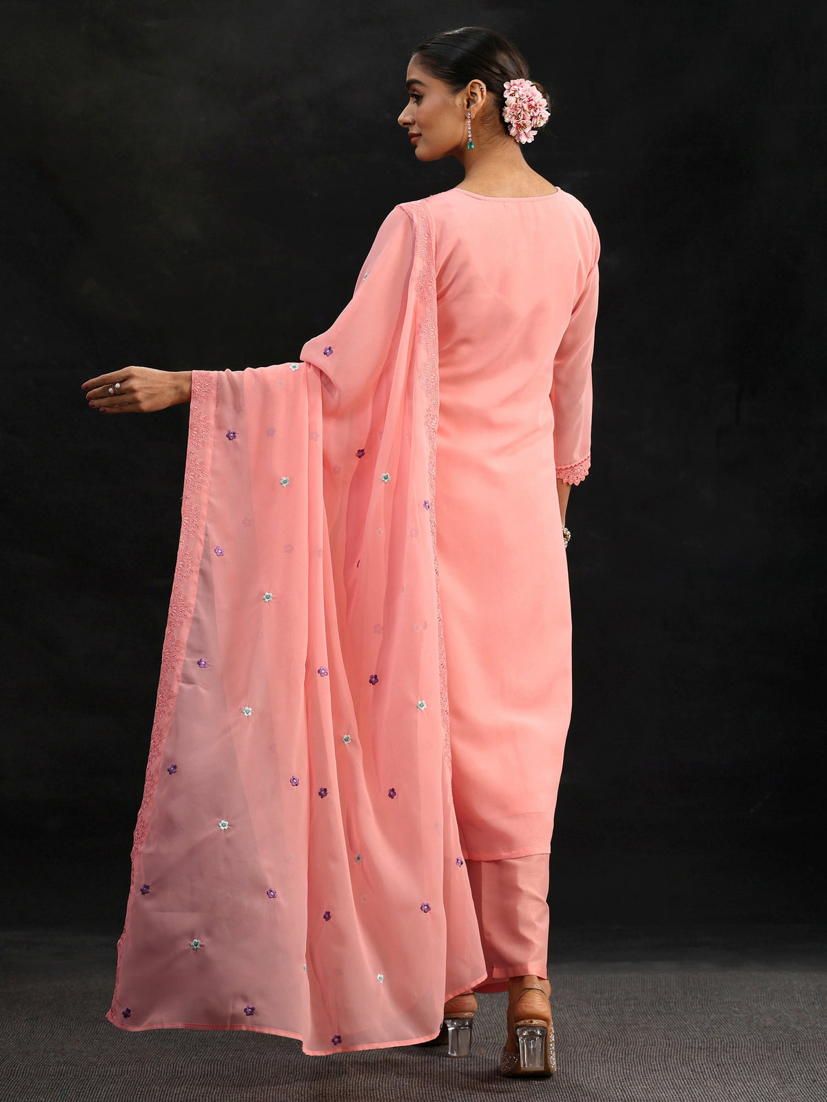 Anouk Baby Pink Floral Embroidered Georgette Straight Suit Set