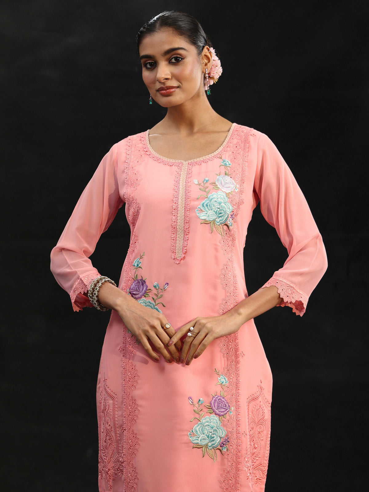 Anouk Baby Pink Floral Embroidered Georgette Straight Suit Set