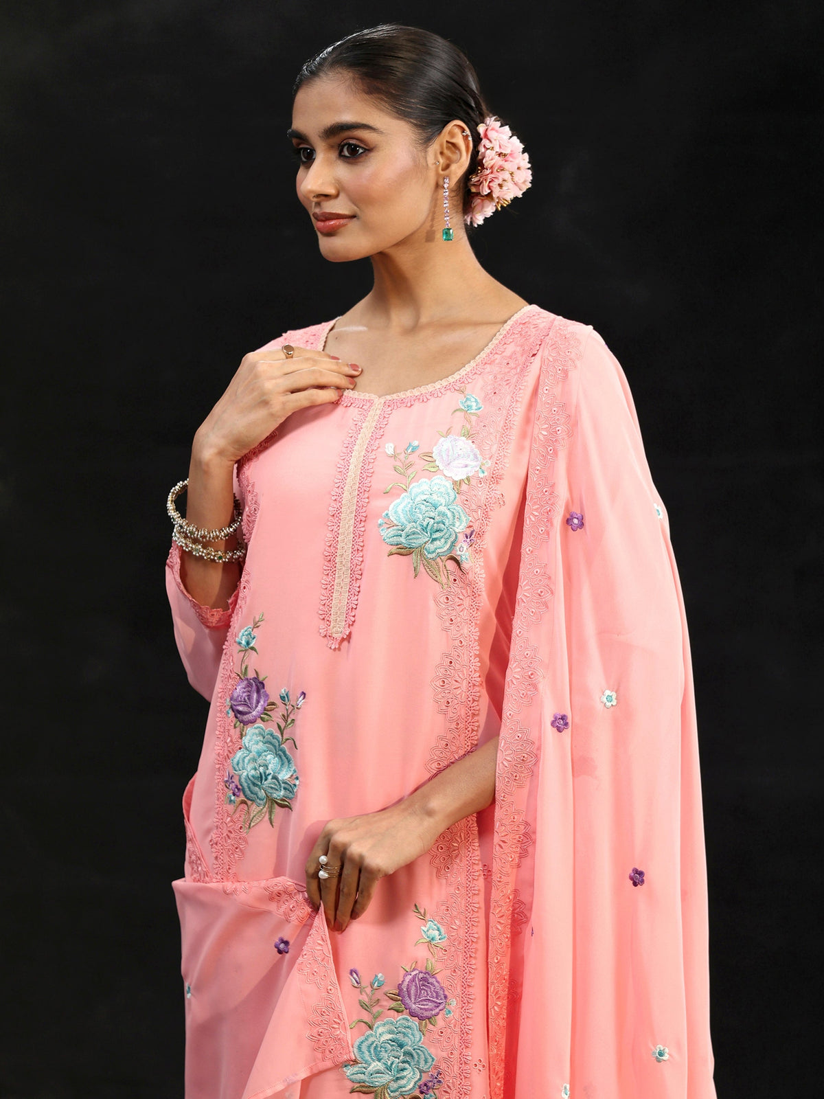 Anouk Baby Pink Floral Embroidered Georgette Straight Suit Set