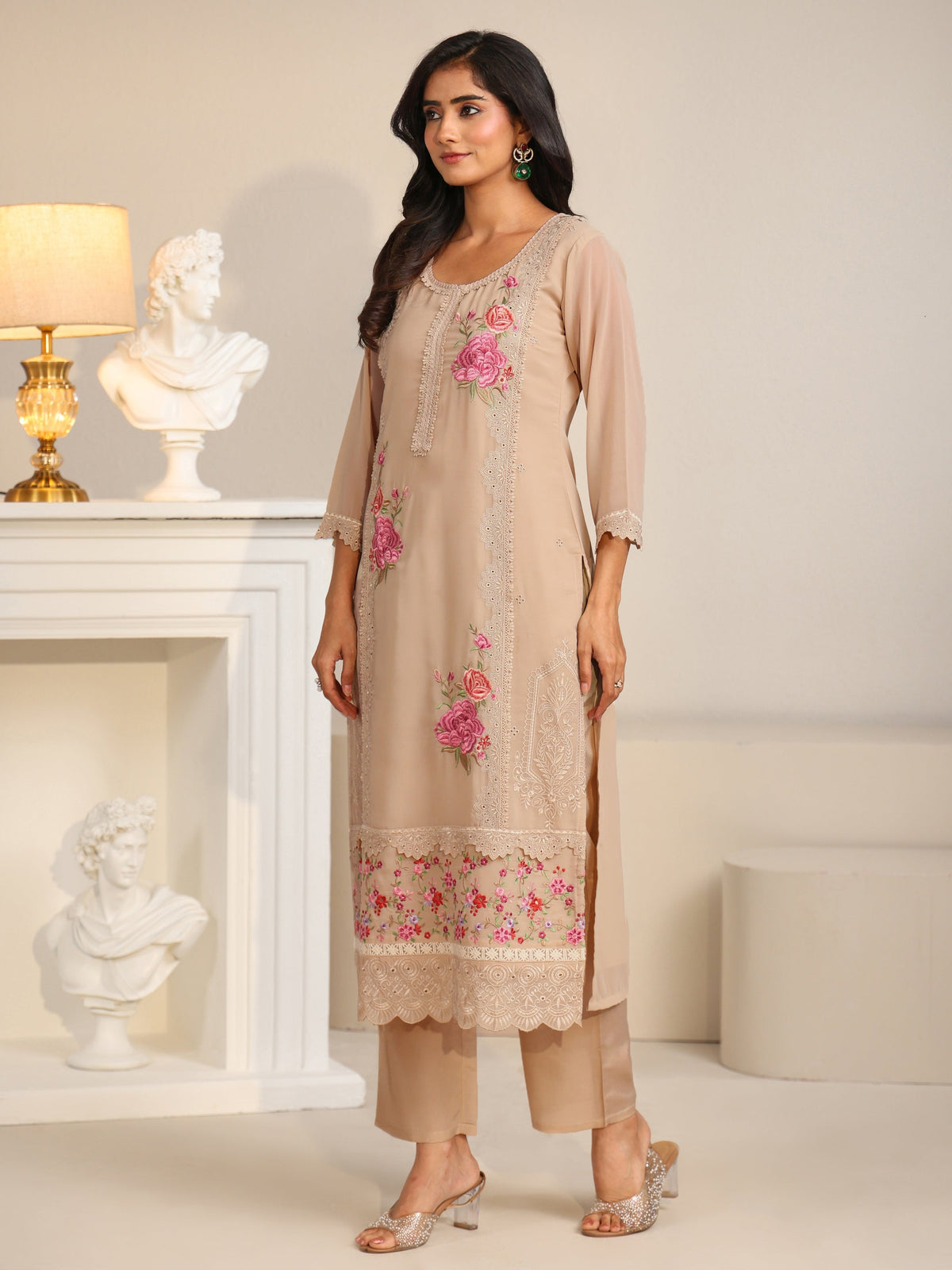 Anouk Beige Floral Embroidered Georgette Straight Suit Set