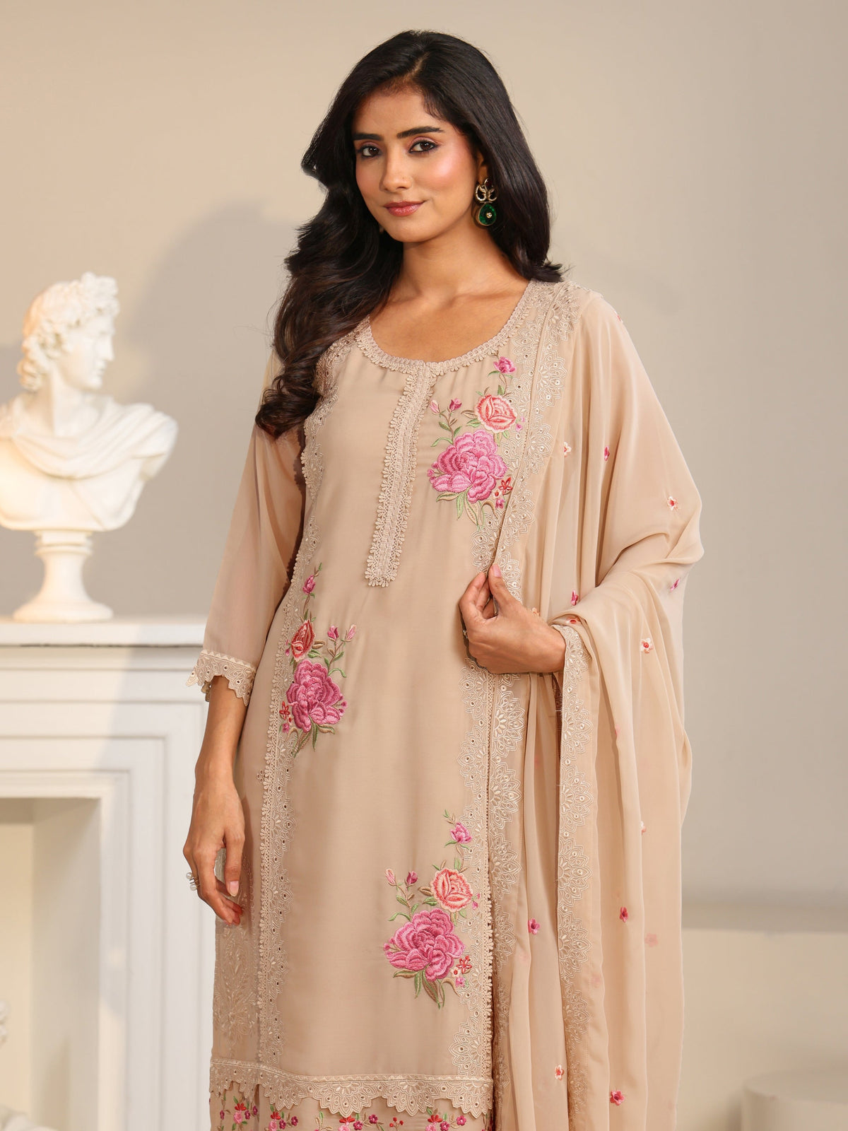 Anouk Beige Floral Embroidered Georgette Straight Suit Set
