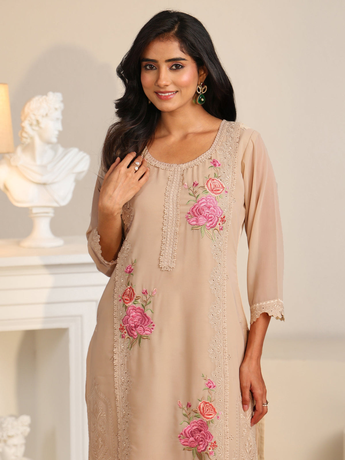 Anouk Beige Floral Embroidered Georgette Straight Suit Set