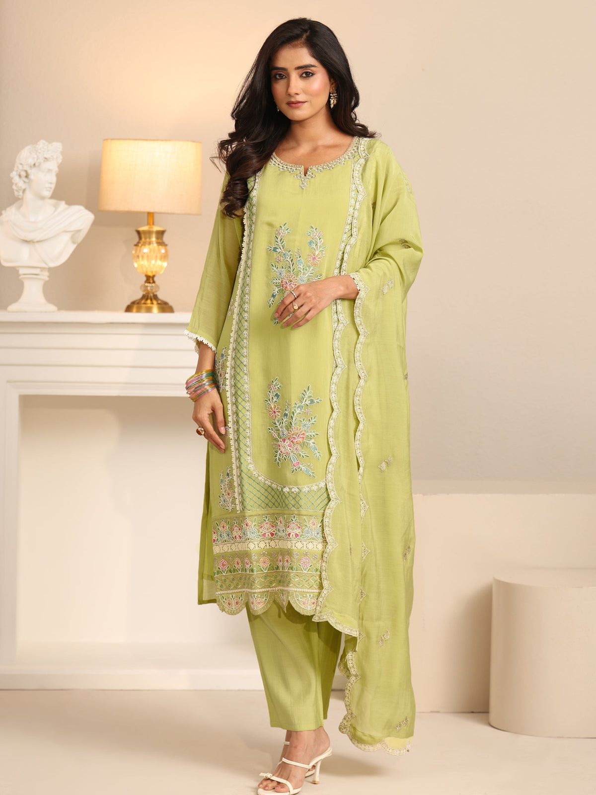 Anouk Pista Green Floral Embroidered Chanderi Cotton Straight Suit Set