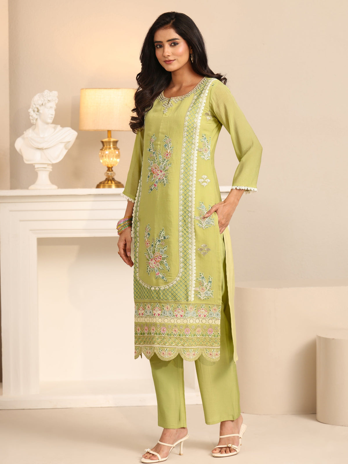 Anouk Pista Green Floral Embroidered Chanderi Cotton Straight Suit Set