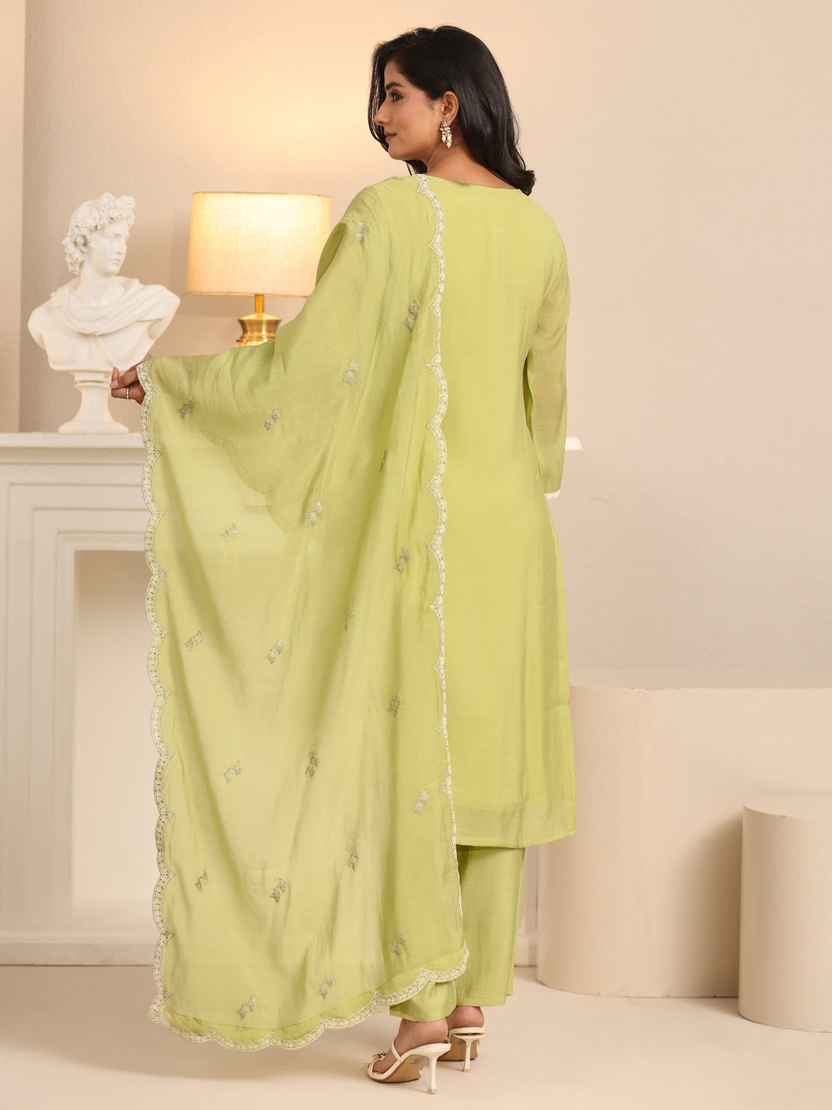 Anouk Pista Green Floral Embroidered Chanderi Cotton Straight Suit Set
