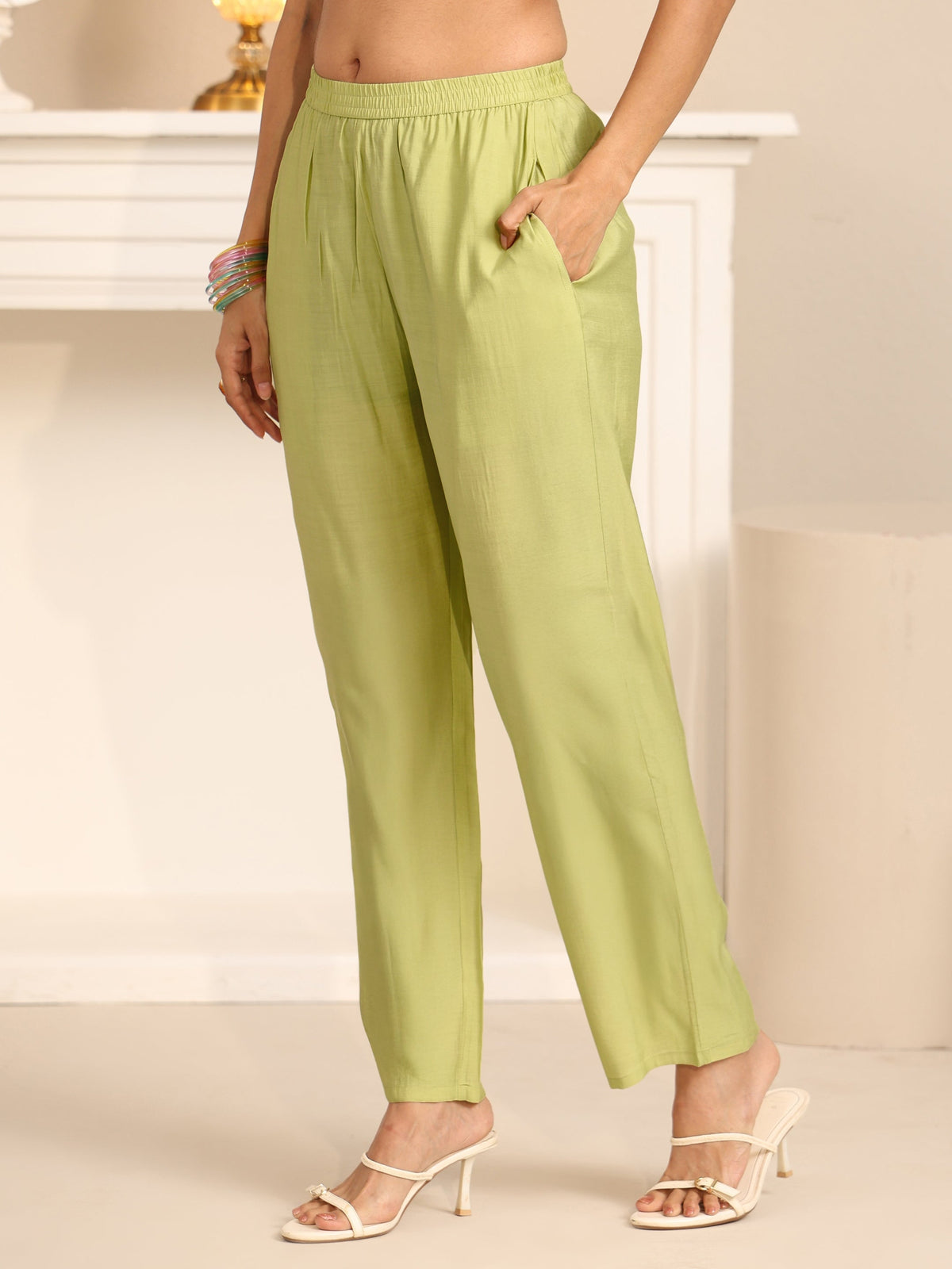 Anouk Pista Green Floral Embroidered Chanderi Cotton Straight Suit Set