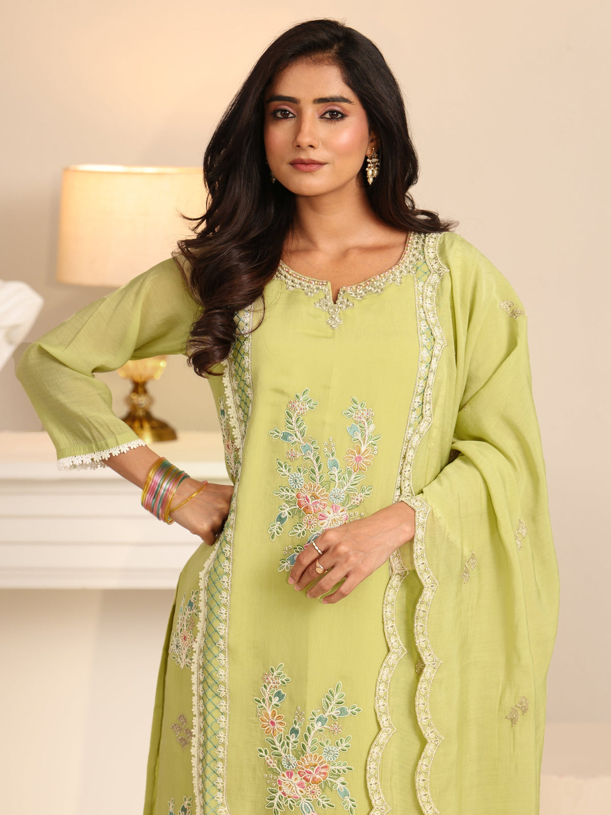 Anouk Pista Green Floral Embroidered Chanderi Cotton Straight Suit Set