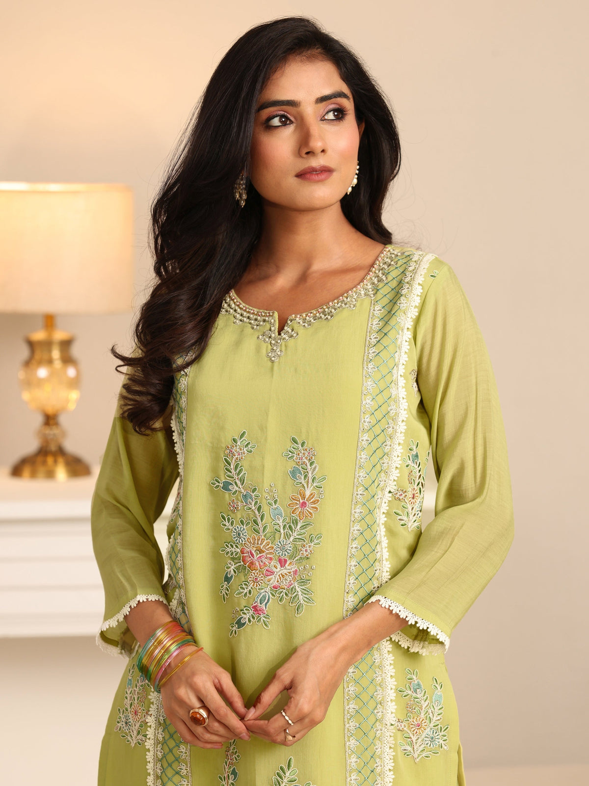 Anouk Pista Green Floral Embroidered Chanderi Cotton Straight Suit Set