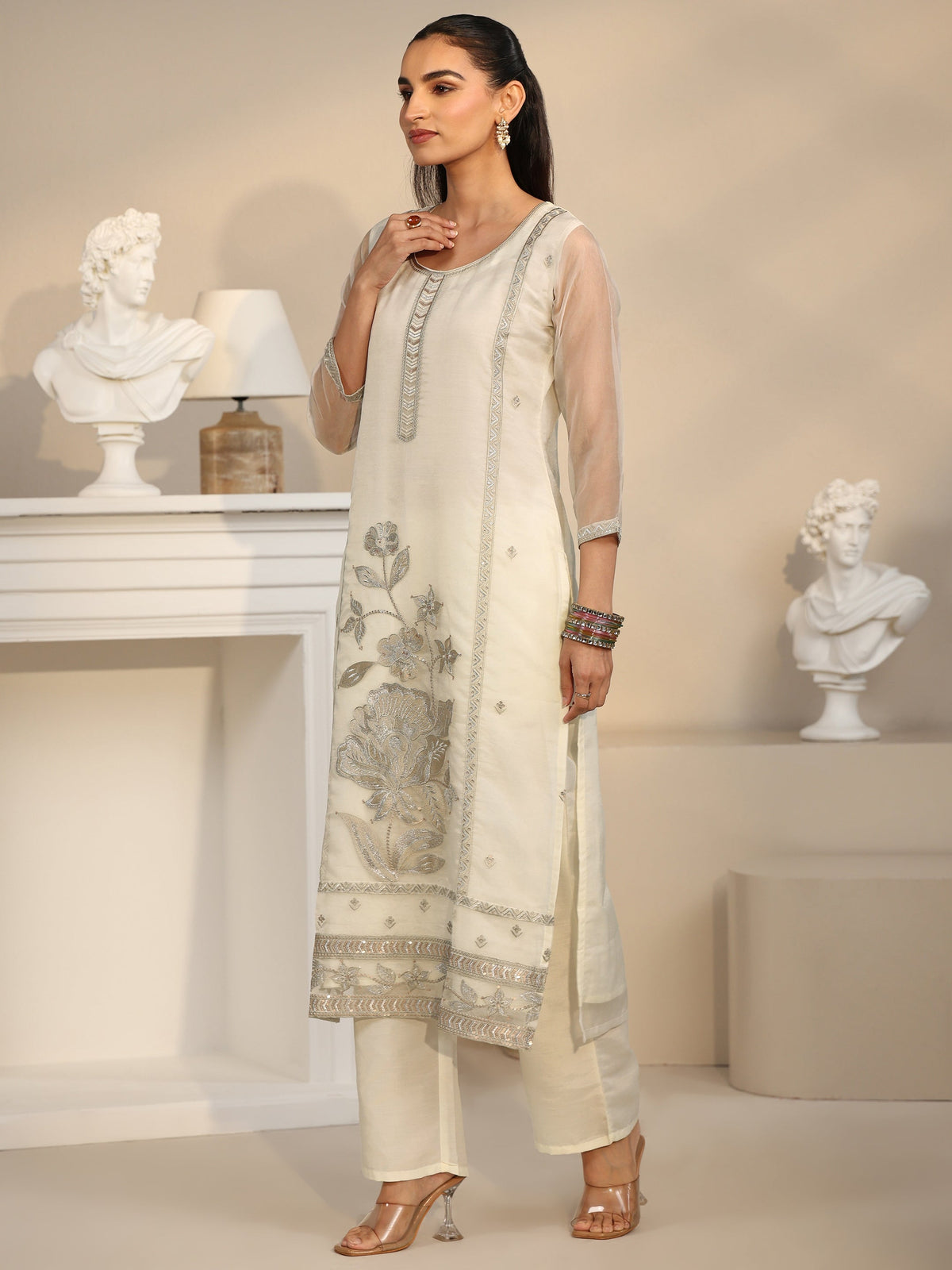 Anouk Off White Floral Embellished Organza Straight Suit Set