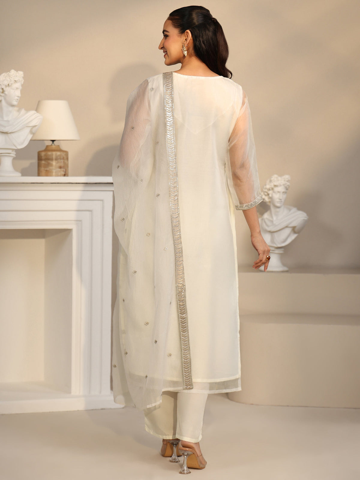 Anouk Off White Floral Embellished Organza Straight Suit Set