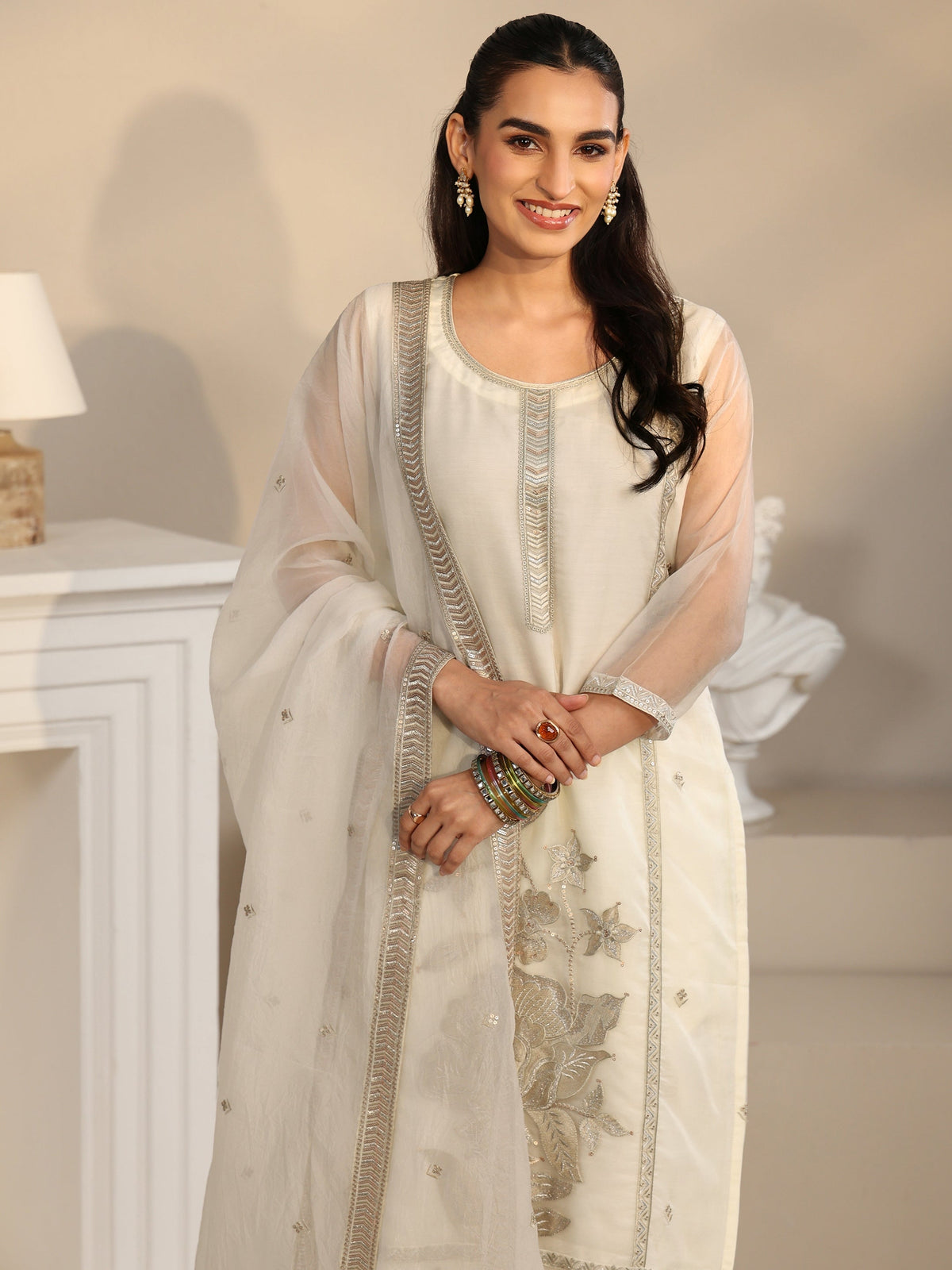 Anouk Off White Floral Embellished Organza Straight Suit Set
