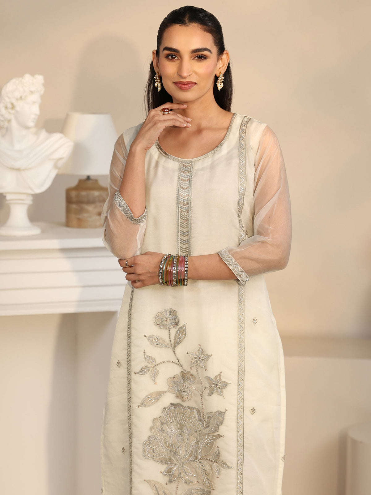 Anouk Off White Floral Embellished Organza Straight Suit Set