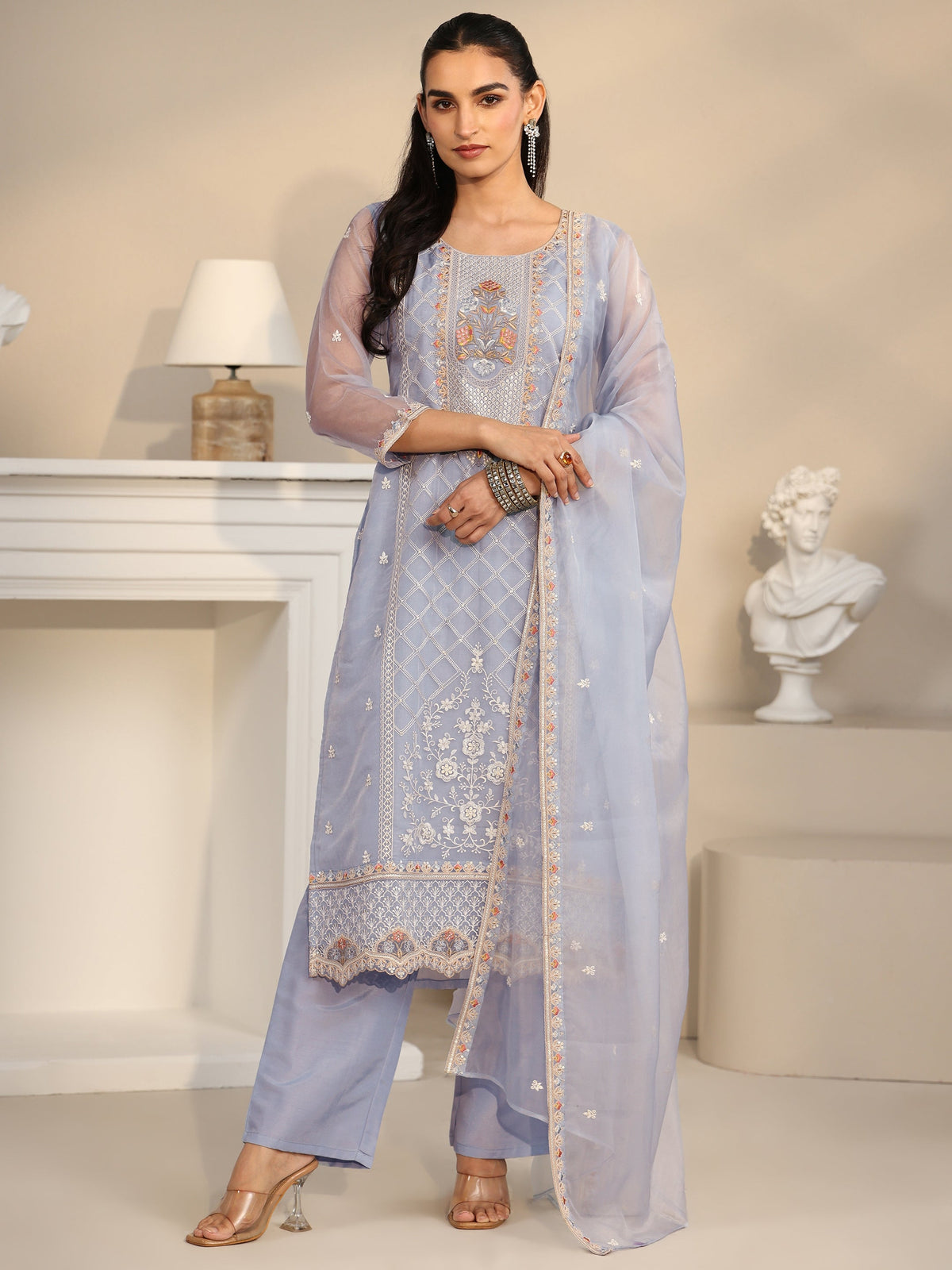 Anouk Ice Blue Floral Embroidered Organza Straight Suit Set