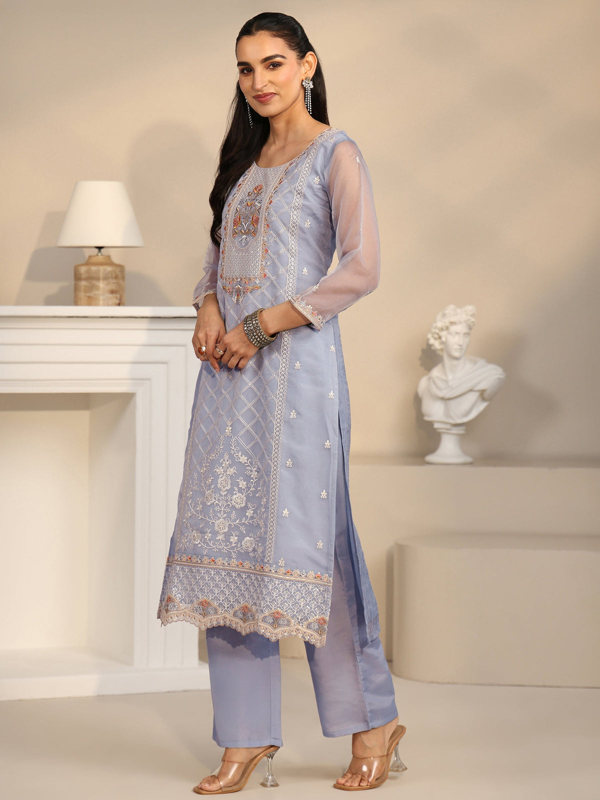 Anouk Ice Blue Floral Embroidered Organza Straight Suit Set