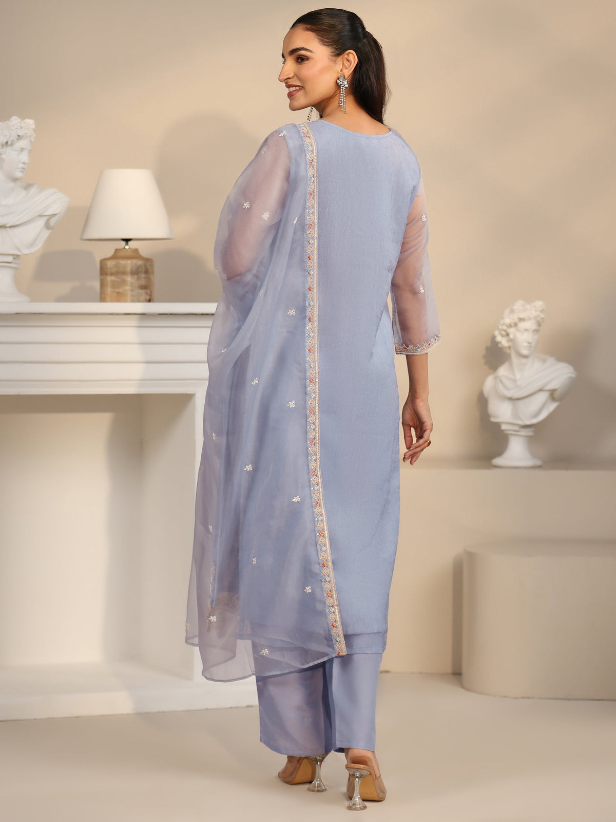 Anouk Ice Blue Floral Embroidered Organza Straight Suit Set