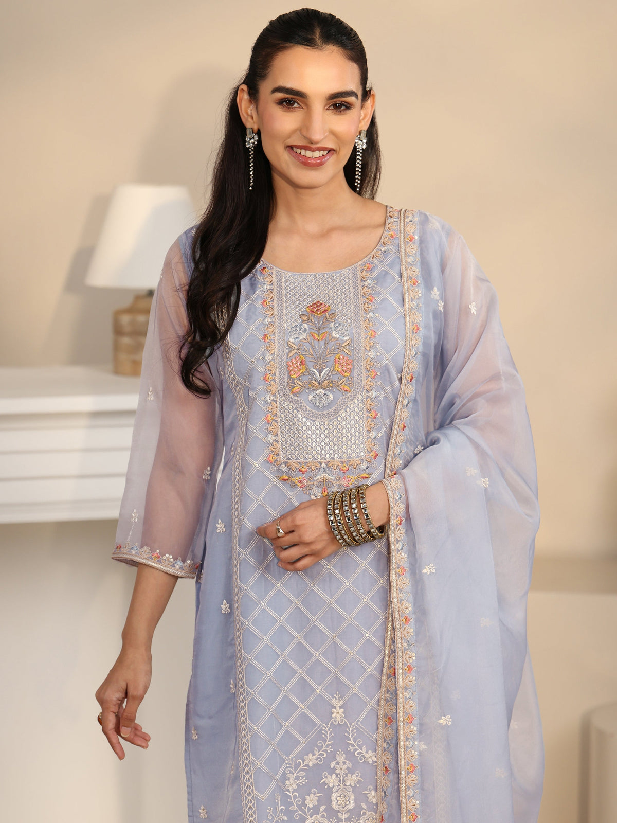 Anouk Ice Blue Floral Embroidered Organza Straight Suit Set