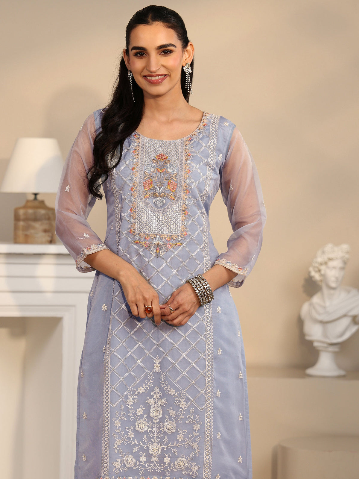 Anouk Ice Blue Floral Embroidered Organza Straight Suit Set