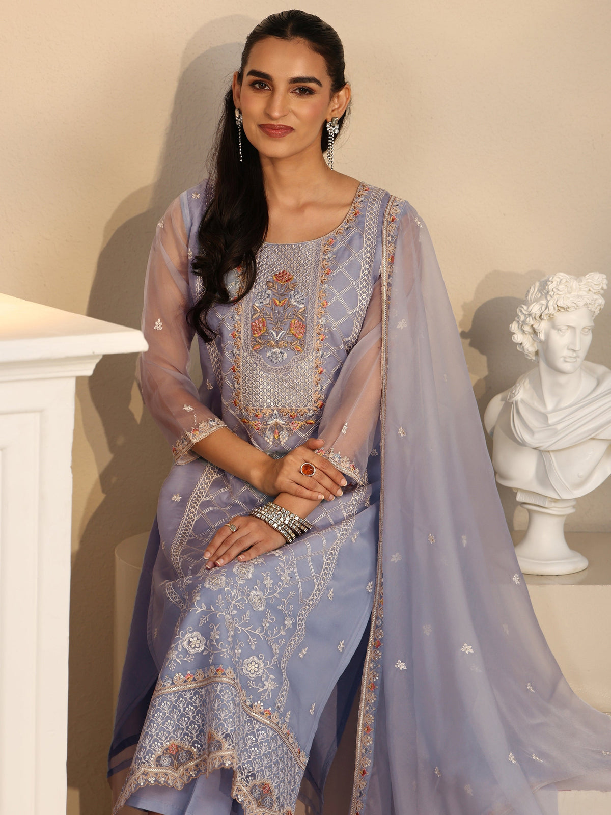 Anouk Ice Blue Floral Embroidered Organza Straight Suit Set