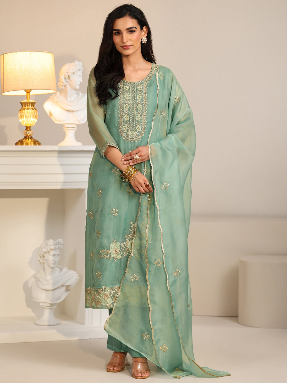 Anouk Ocean Blue Floral Embroidered Organza Straight Suit Set