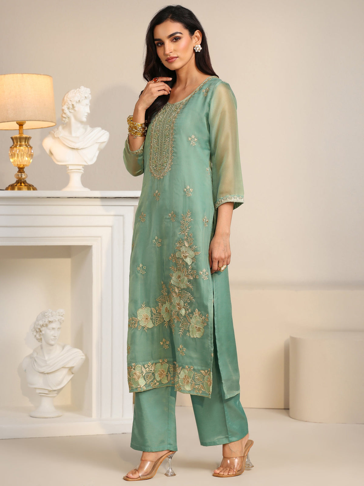 Anouk Ocean Blue Floral Embroidered Organza Straight Suit Set