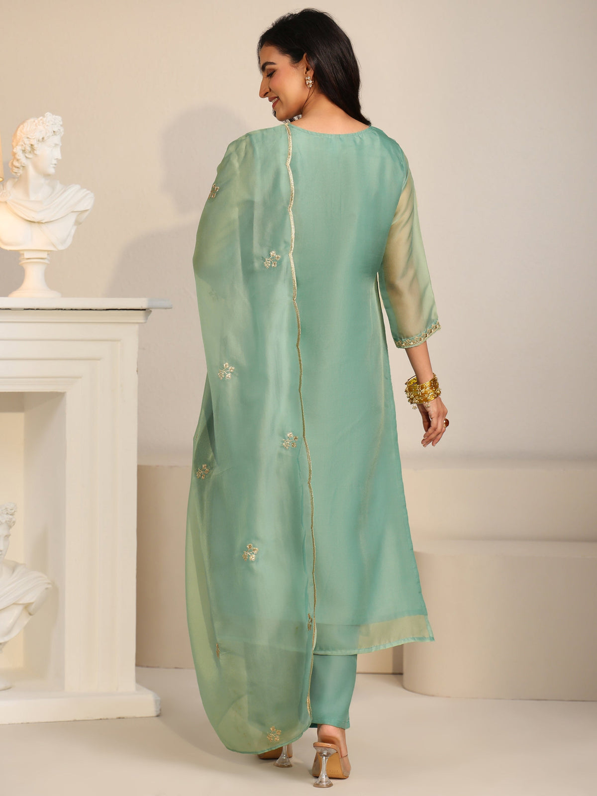 Anouk Ocean Blue Floral Embroidered Organza Straight Suit Set