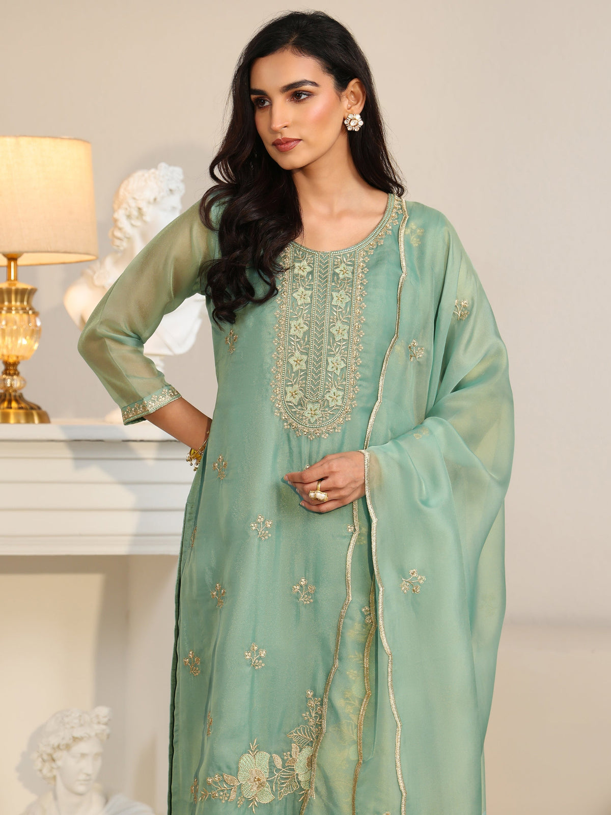 Anouk Ocean Blue Floral Embroidered Organza Straight Suit Set