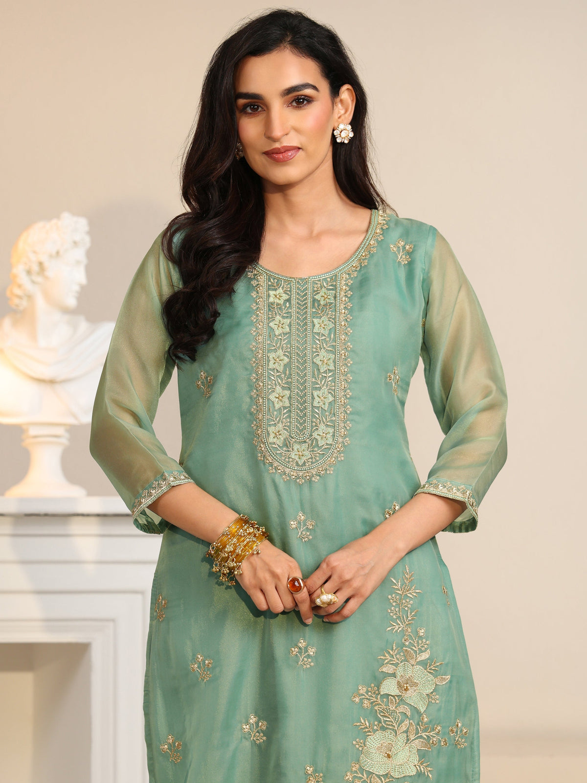 Anouk Ocean Blue Floral Embroidered Organza Straight Suit Set