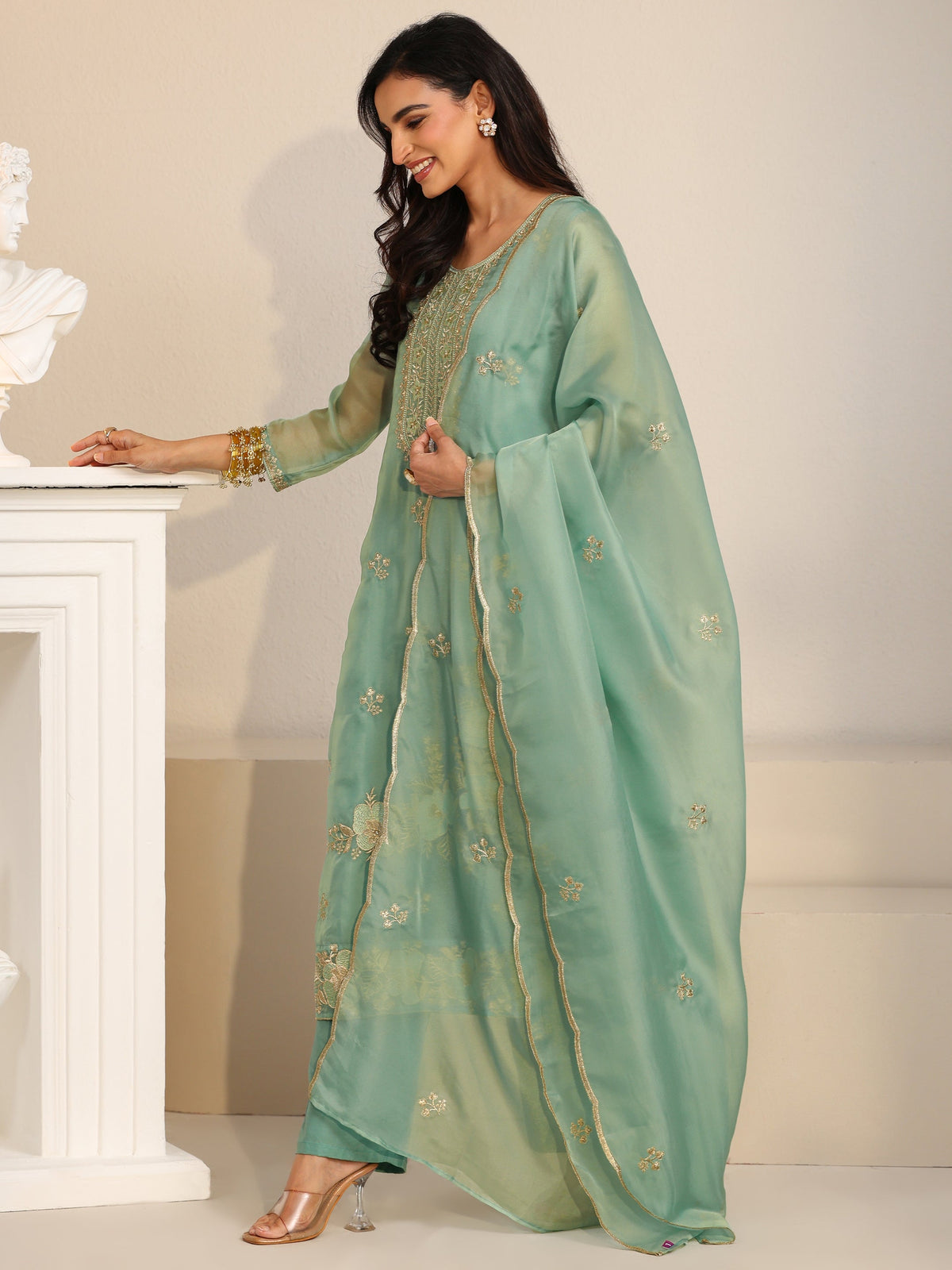 Anouk Ocean Blue Floral Embroidered Organza Straight Suit Set