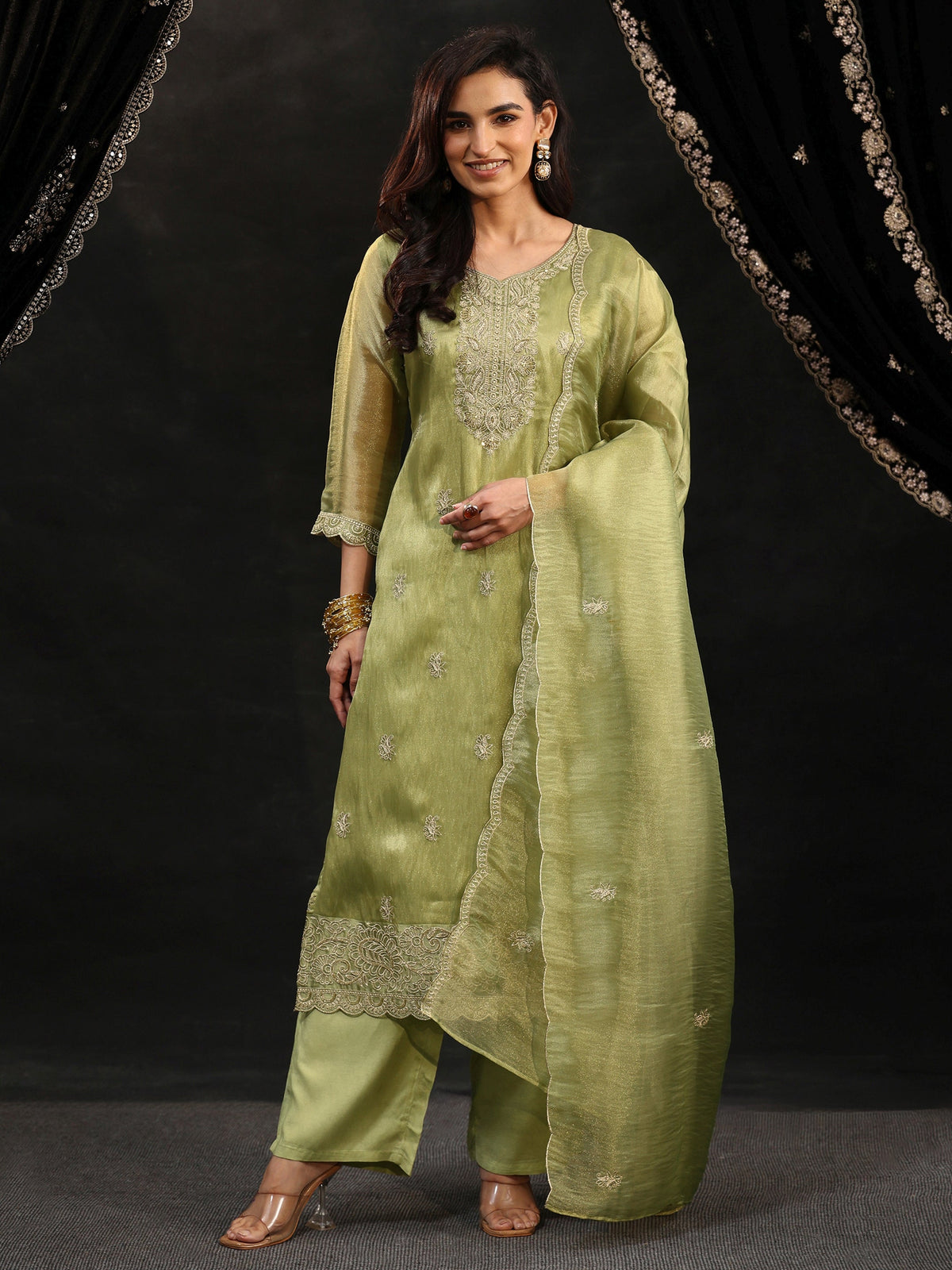 Anouk Pista Green Floral Embroidered Organza Straight Suit Set
