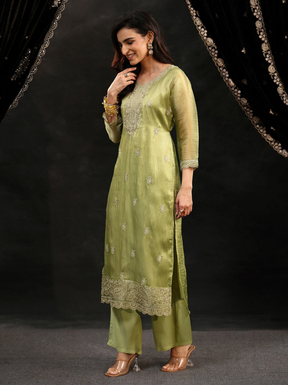 Anouk Pista Green Floral Embroidered Organza Straight Suit Set