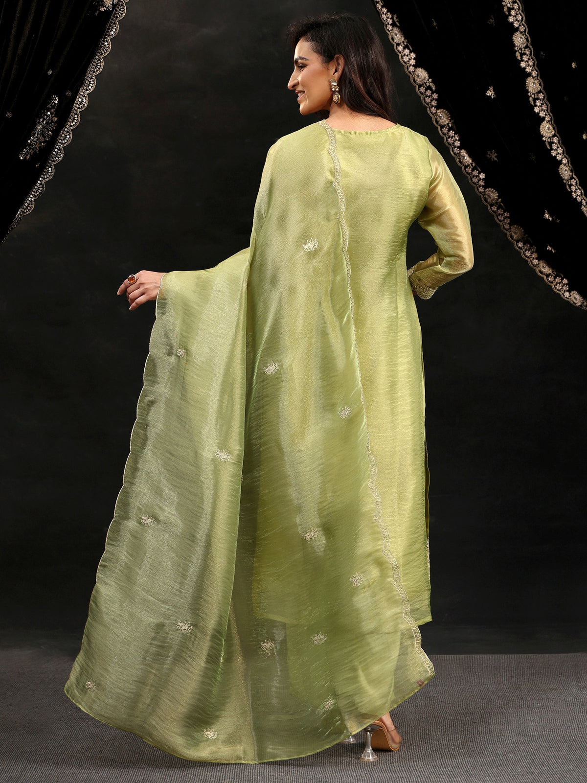 Anouk Pista Green Floral Embroidered Organza Straight Suit Set