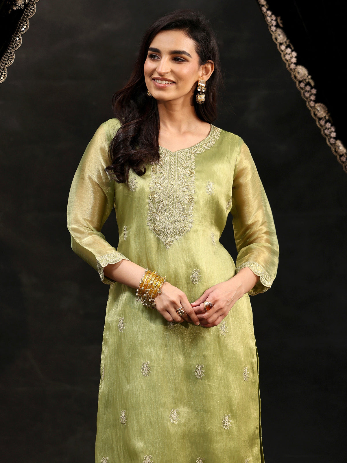 Anouk Pista Green Floral Embroidered Organza Straight Suit Set