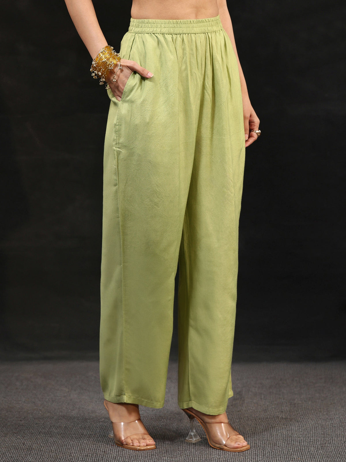 Anouk Pista Green Floral Embroidered Organza Straight Suit Set