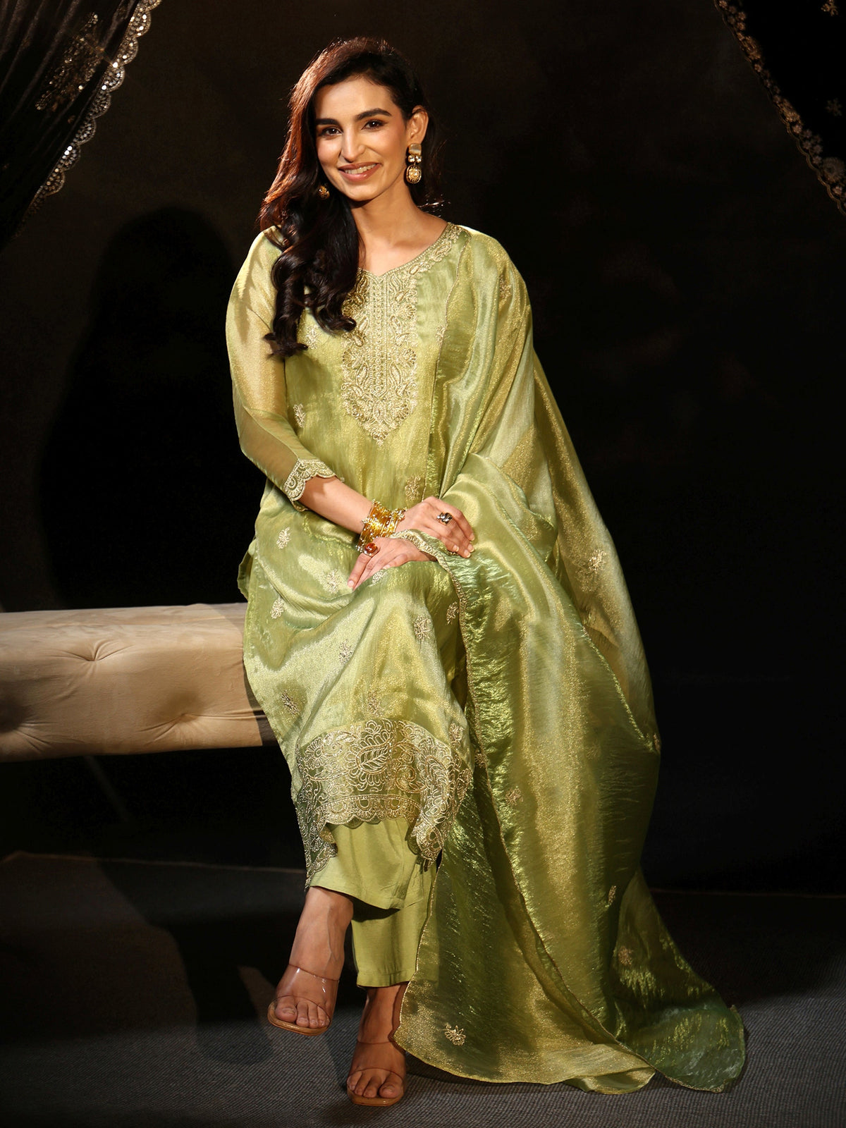 Anouk Pista Green Floral Embroidered Organza Straight Suit Set