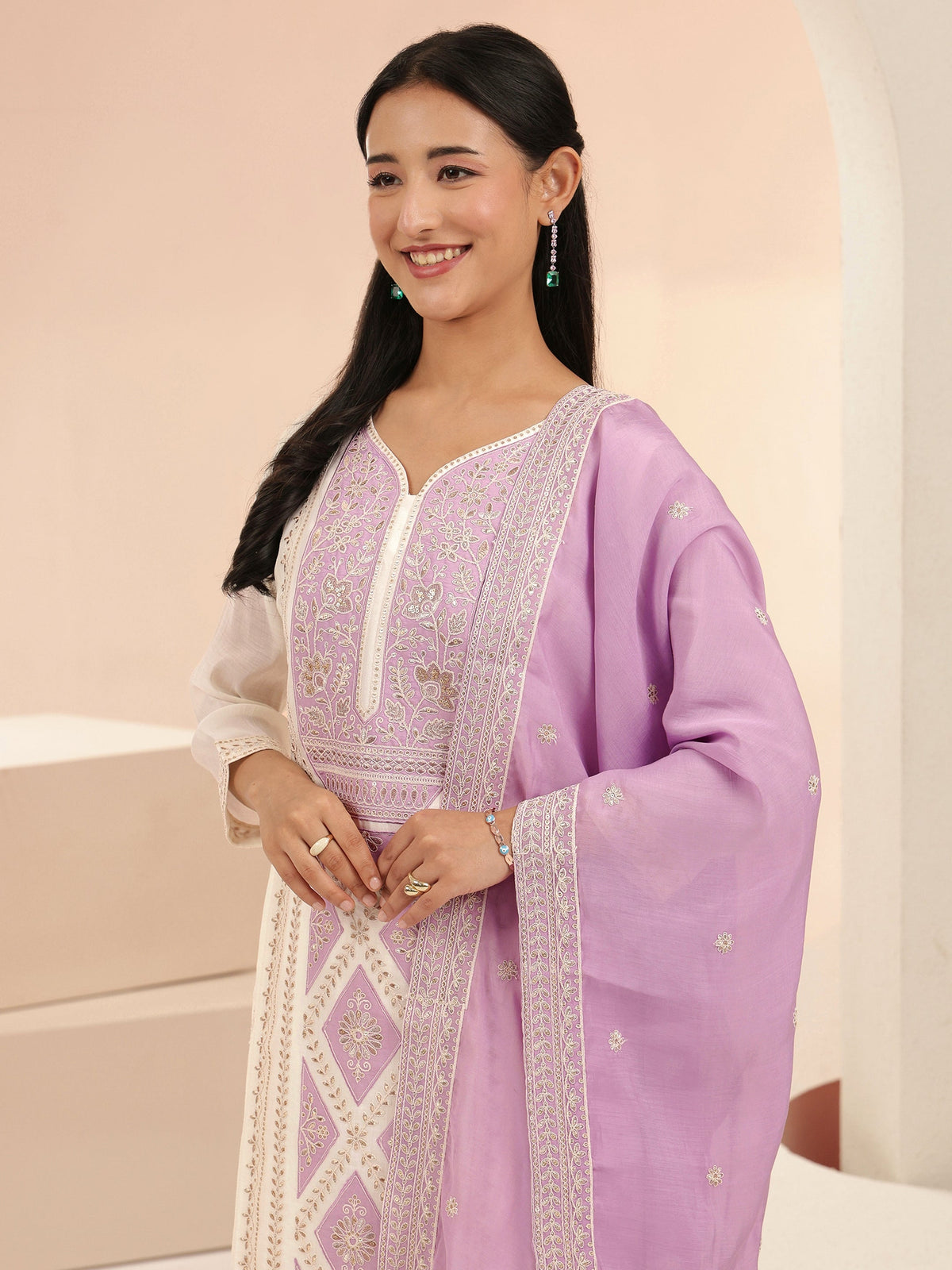 Anouk White Floral Embroidered Chanderi Cotton Straight Suit Set