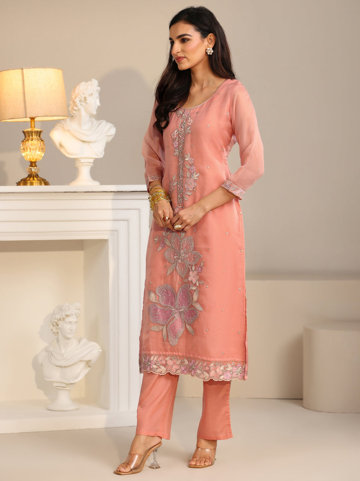 Anouk Peach Orange Floral Embellished Tissue Straight Suit Set