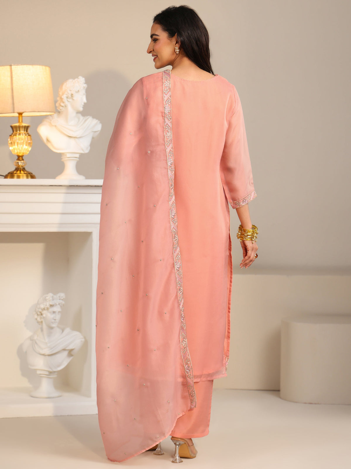 Anouk Peach Orange Floral Embellished Tissue Straight Suit Set
