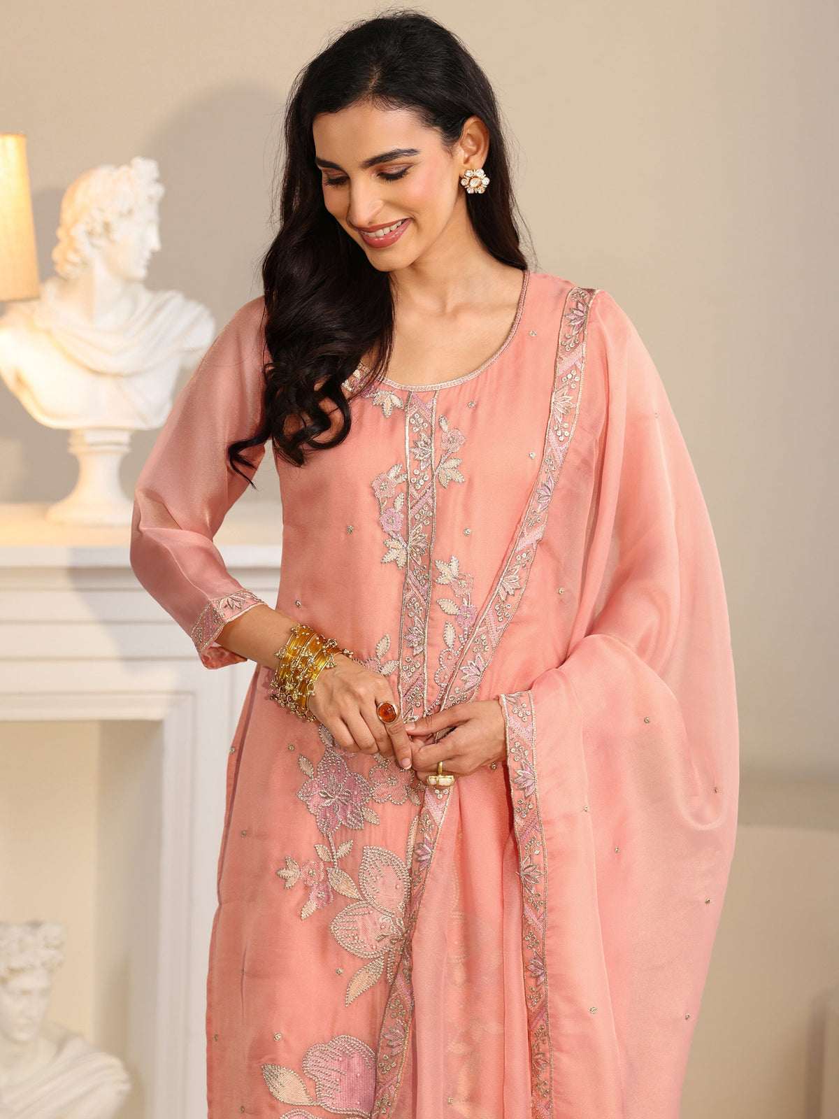 Anouk Peach Orange Floral Embellished Tissue Straight Suit Set