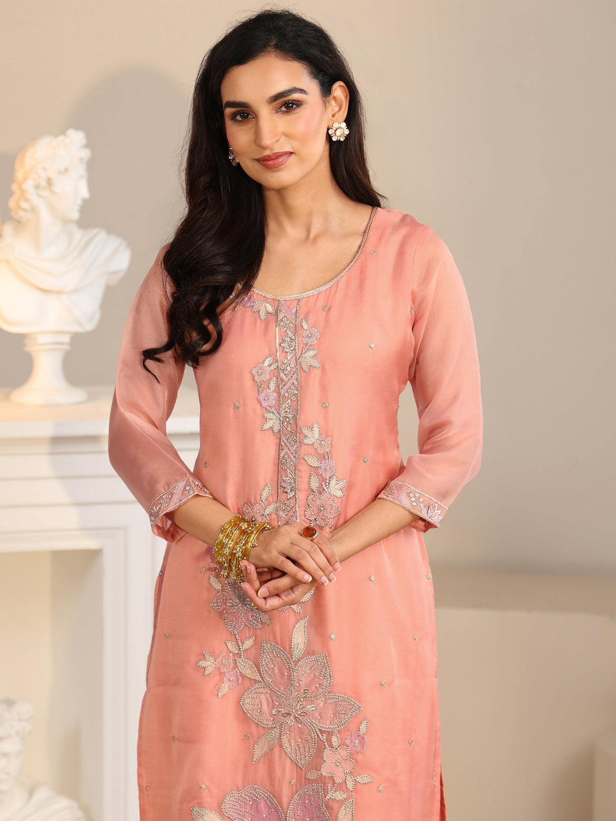 Anouk Peach Orange Floral Embellished Tissue Straight Suit Set