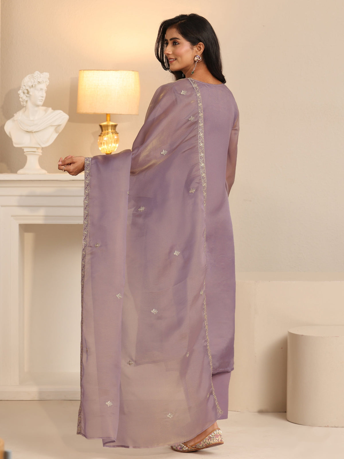 Anouk Lavender Floral Embellished Tissue Straight Suit Set