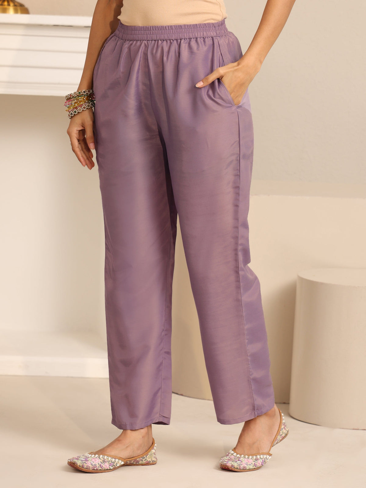 Anouk Lavender Floral Embellished Tissue Straight Suit Set