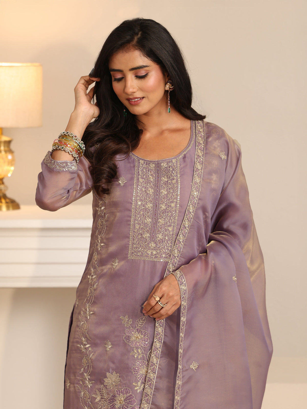 Anouk Lavender Floral Embellished Tissue Straight Suit Set