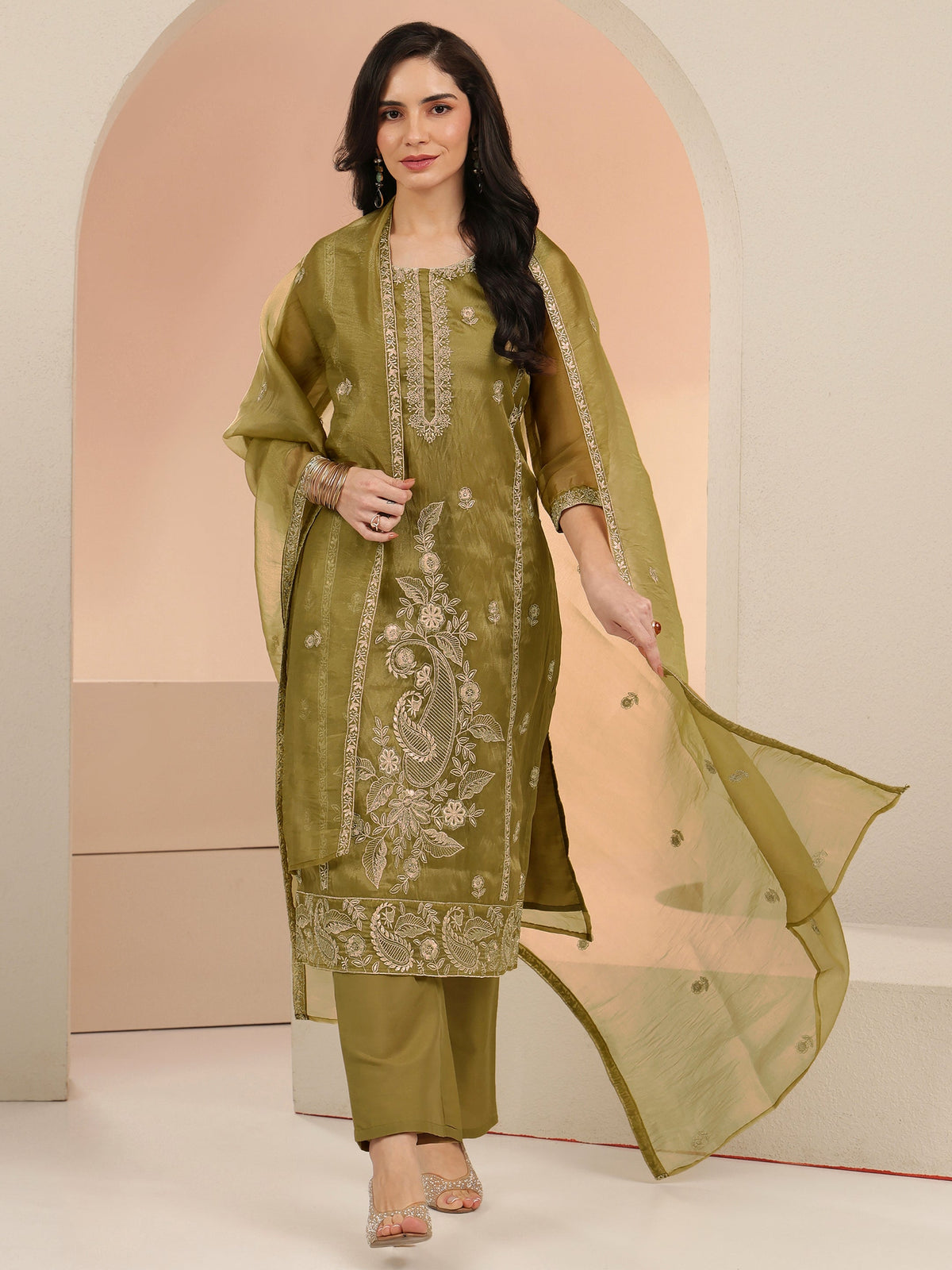 Anouk Henna Yellow Paisley Embroidered Organza Straight Suit Set