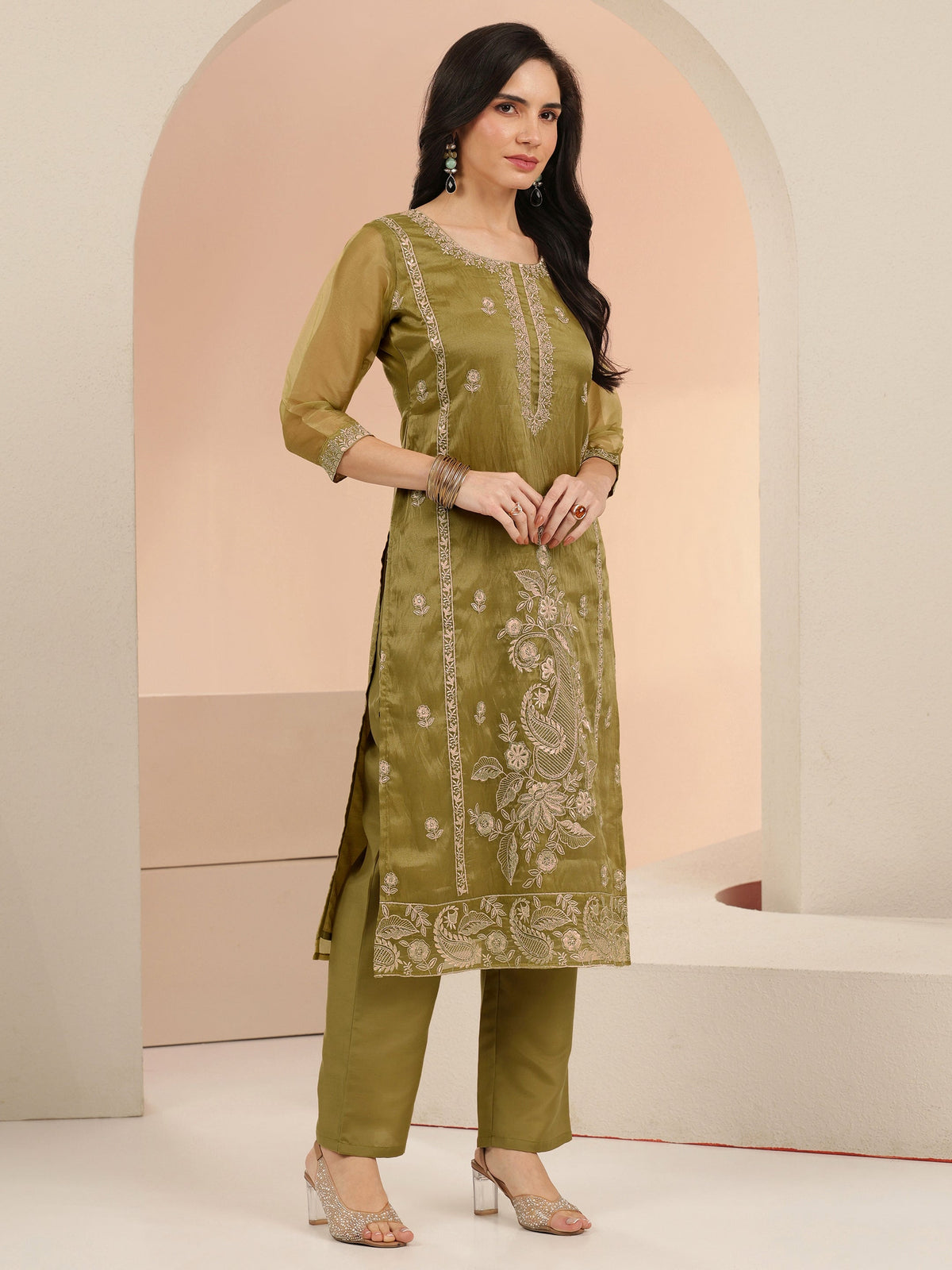 Anouk Henna Yellow Paisley Embroidered Organza Straight Suit Set